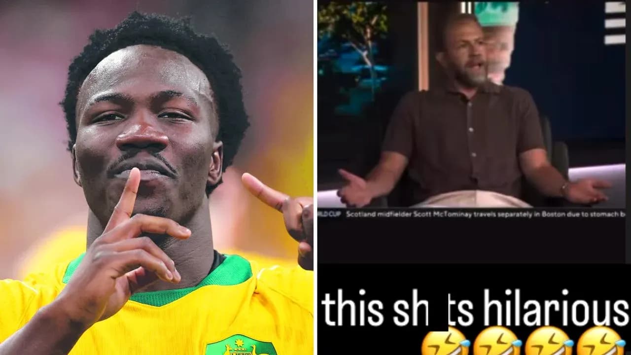 Soccer player celebrating and a commentator reacting