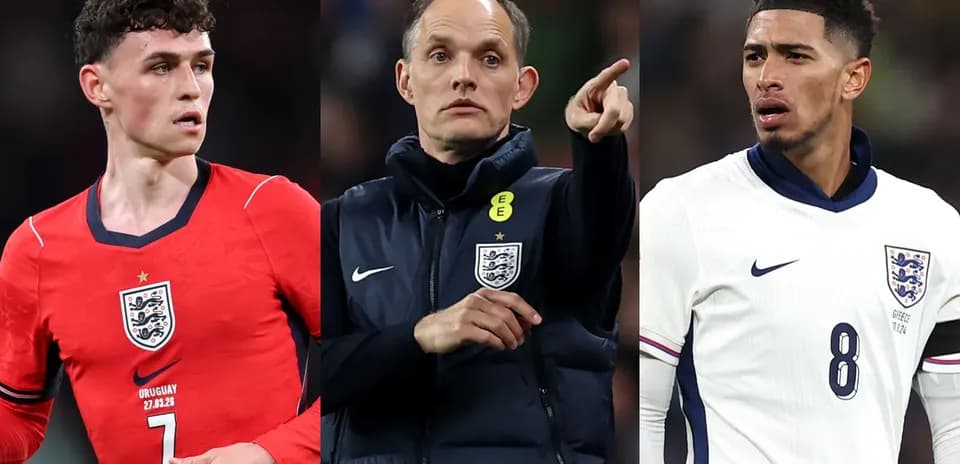 Three England football figures during a match