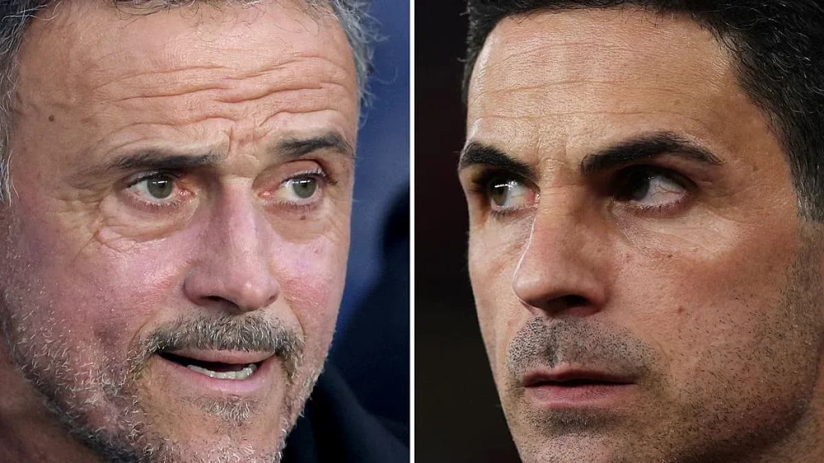Luis Enrique and Mikel Arteta in close-up faces