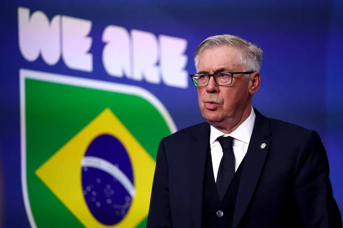 Coach speaking at podium with Brazil flag backdrop
