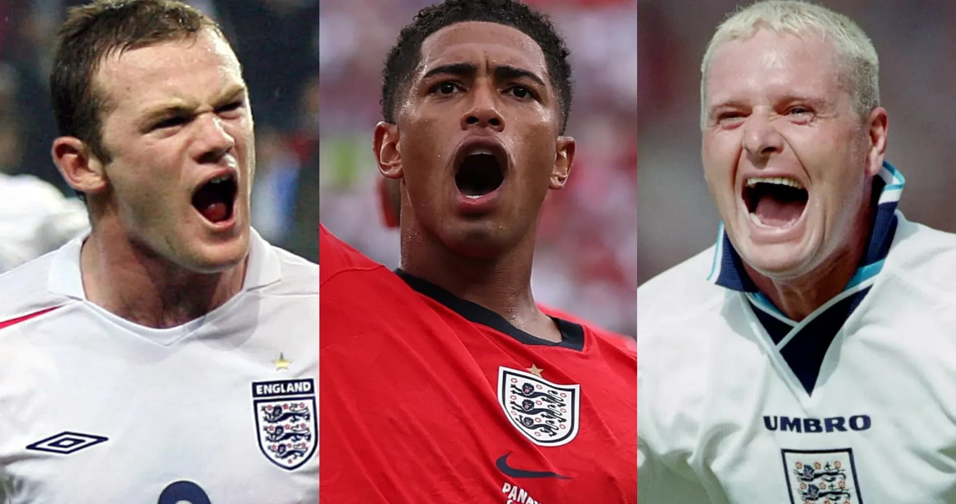 Three England players celebrating passionately during matches