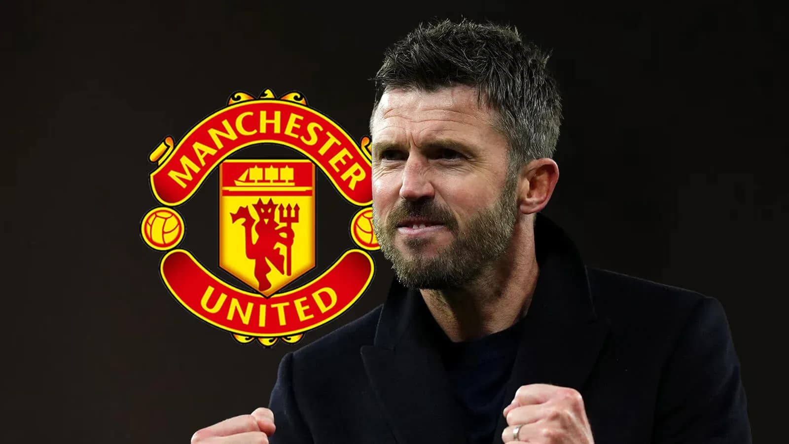 Manager celebrating in front of Manchester United logo