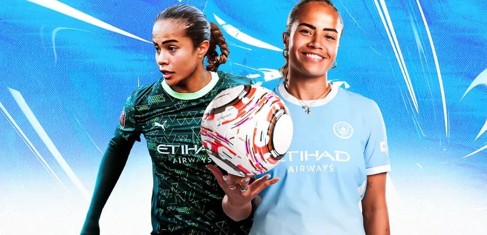 Two female soccer players in team jerseys holding a ball