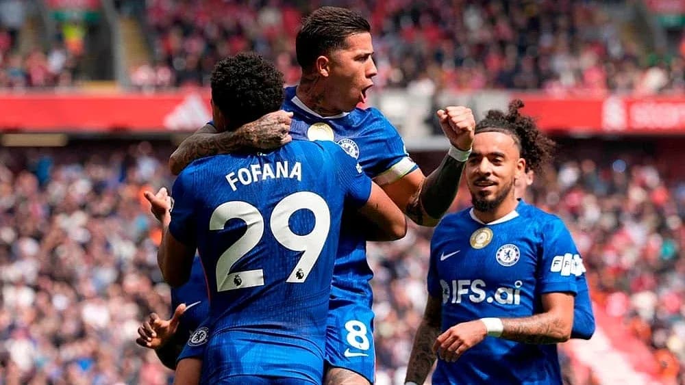 Chelsea players celebrating a goal during match