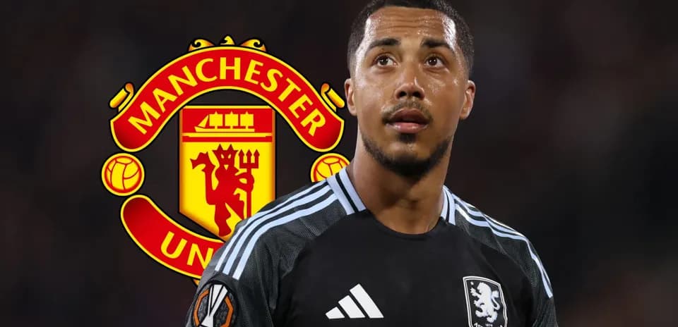 Player in Aston Villa kit with Manchester United logo