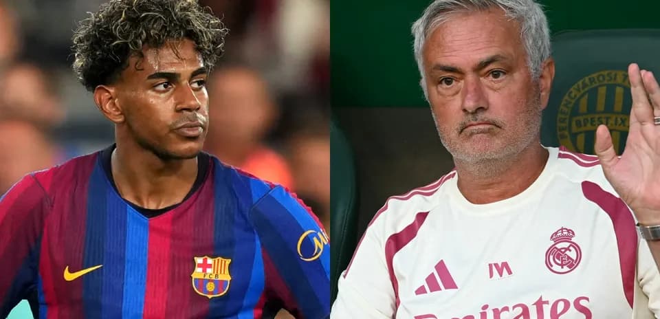Barcelona player and Real Madrid manager in split image