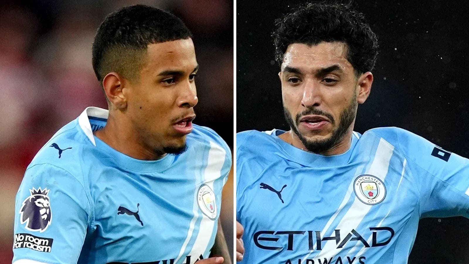 Two Manchester City players in action during match