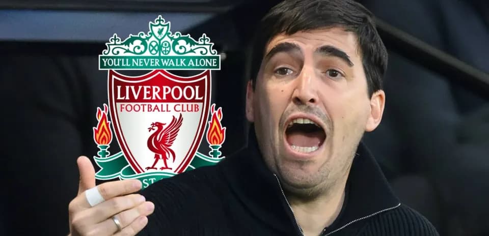 Person gesturing passionately with Liverpool FC logo behind