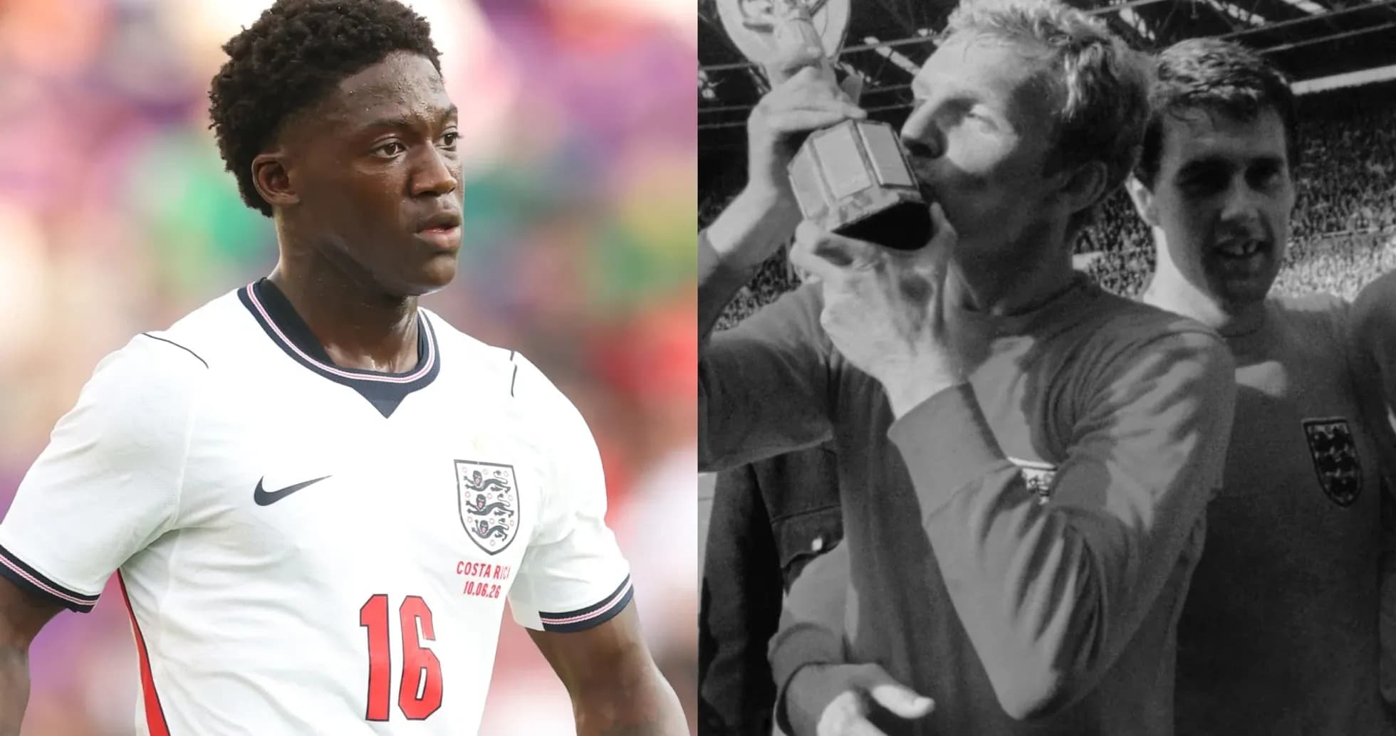 Young player in England kit next to historic trophy celebration