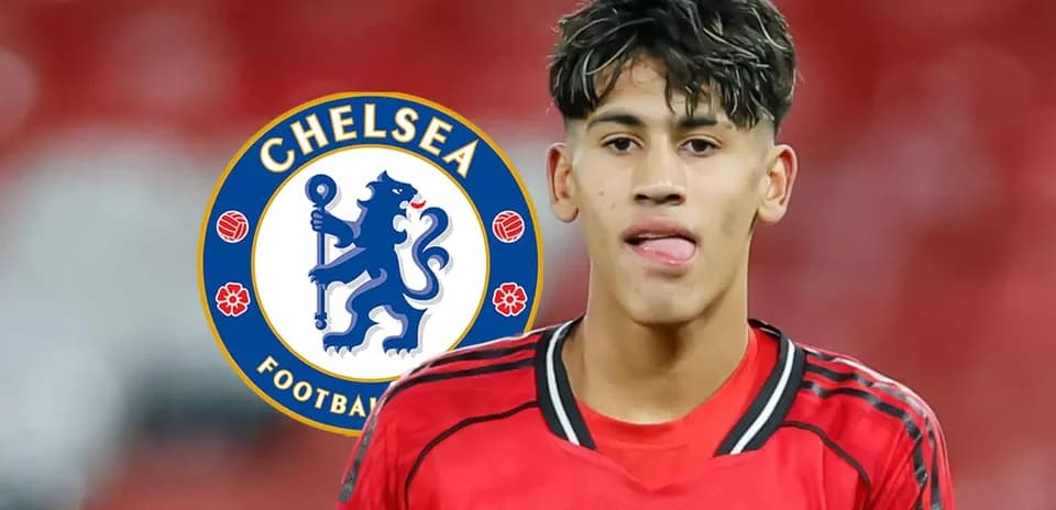 Player wearing red jersey with Chelsea logo overlay