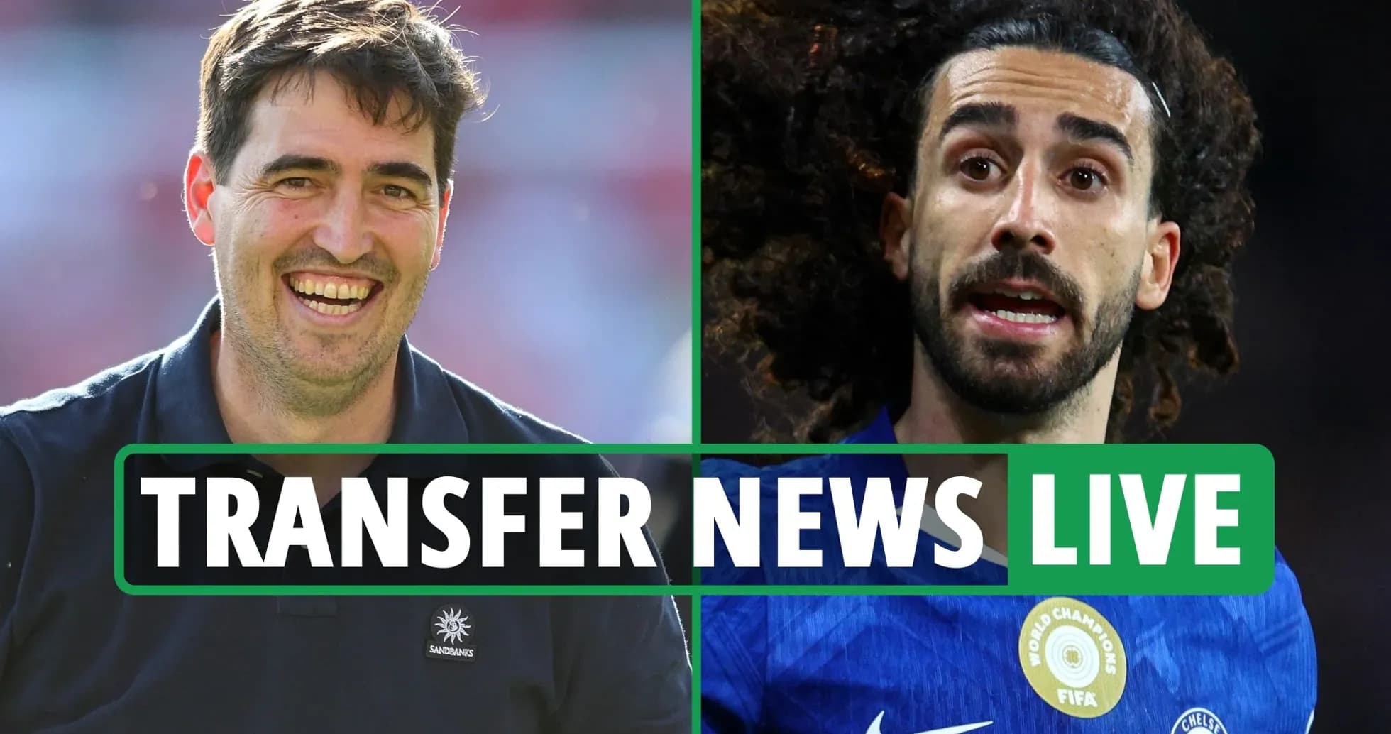 Manager smiling next to player during transfer news segment