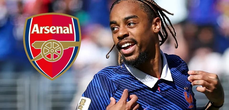 Player celebrating a goal with Arsenal logo overlay
