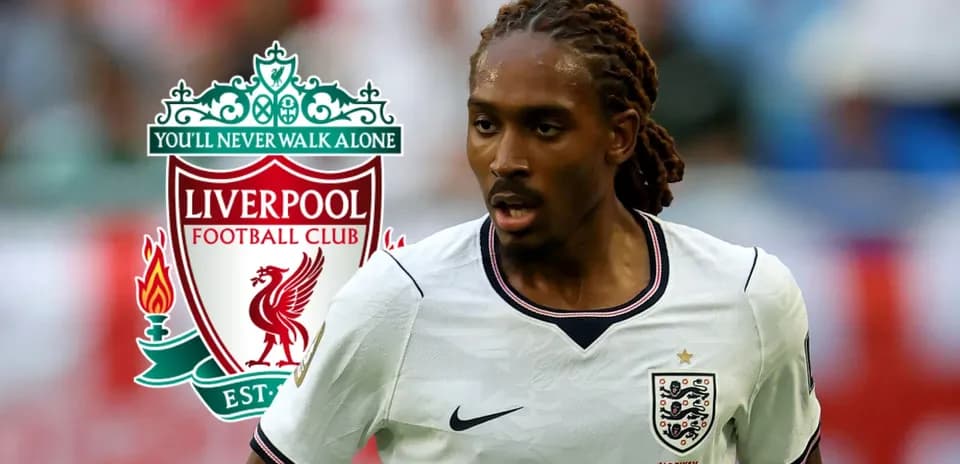 Player in action wearing England kit with Liverpool logo