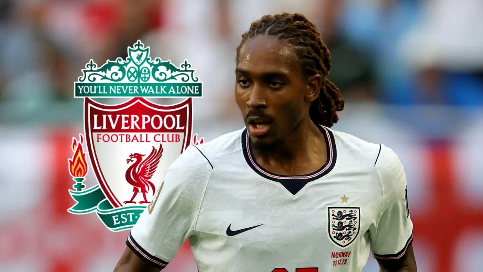Player in action wearing England kit with Liverpool logo