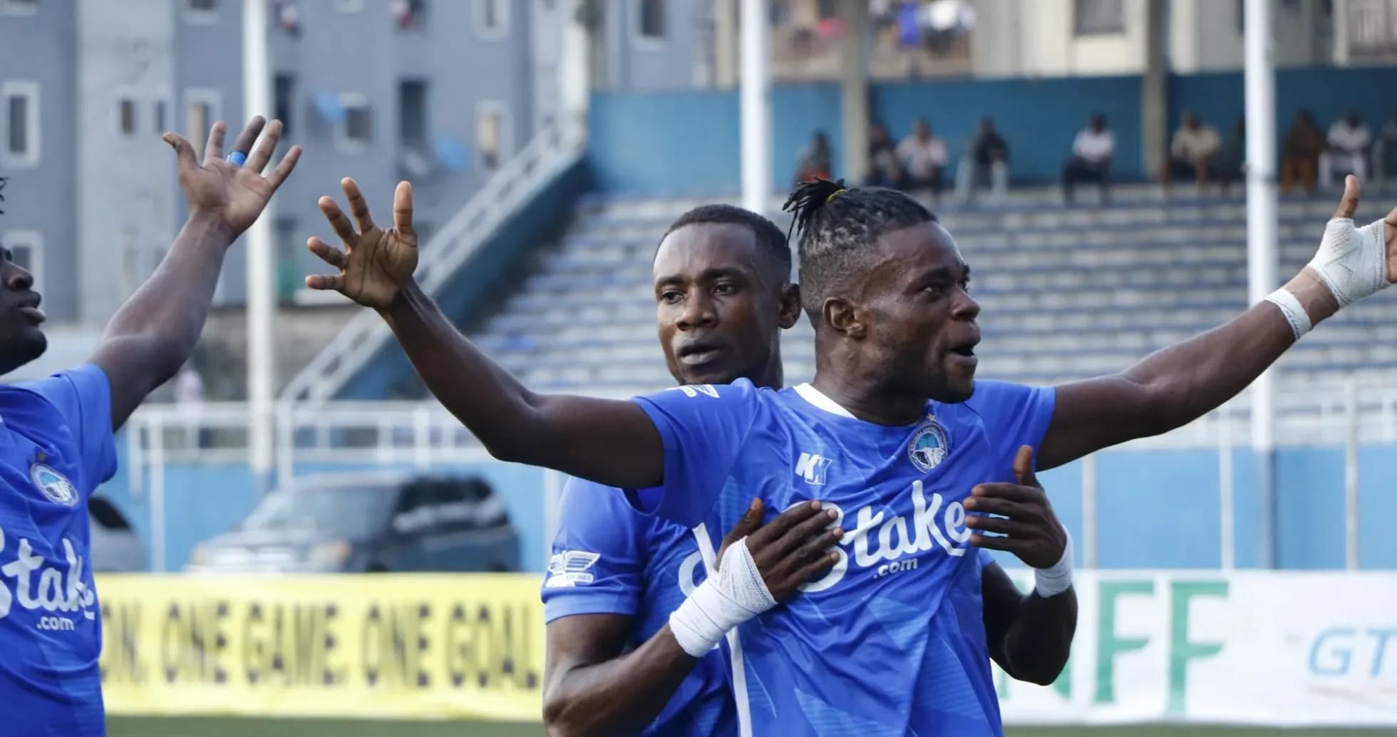 Players celebrating during Enyimba match