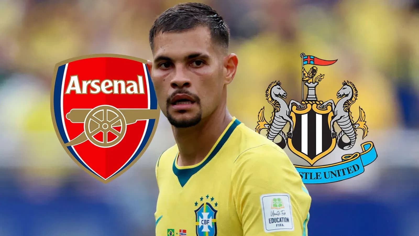 Player wearing Brazil jersey with Arsenal and Newcastle logos