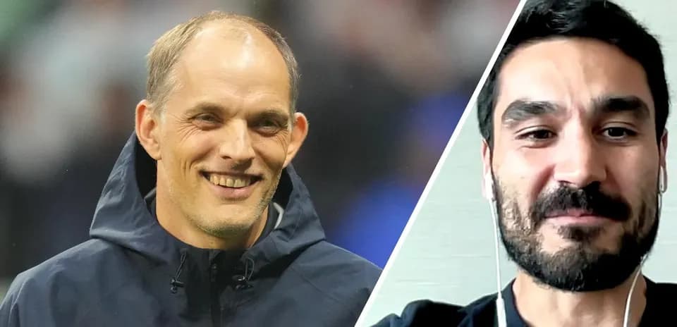 Thomas Tuchel and Ilkay Gundogan smiling during conversation