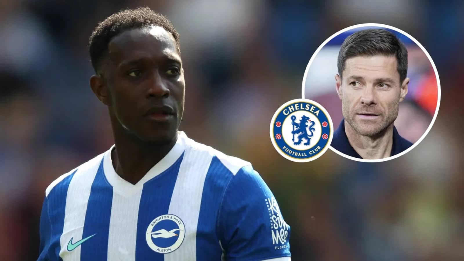 Brighton player in action with Chelsea logo overlay