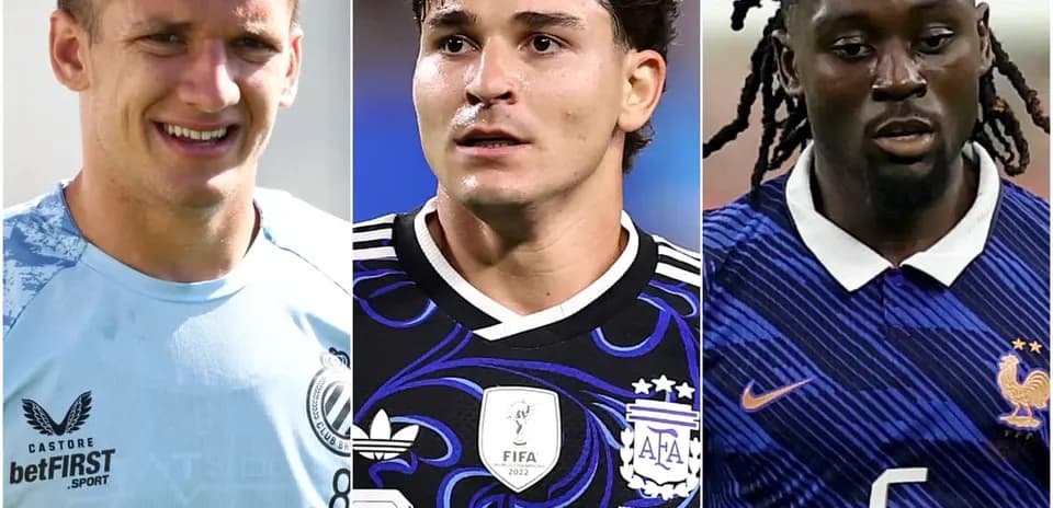 Three football players in team jerseys