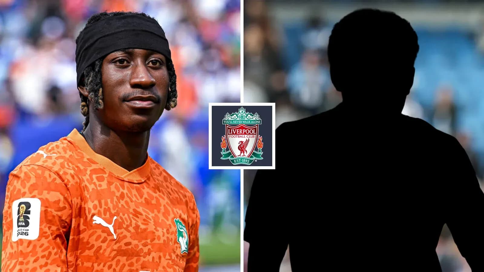 Player in orange kit with Liverpool logo backdrop