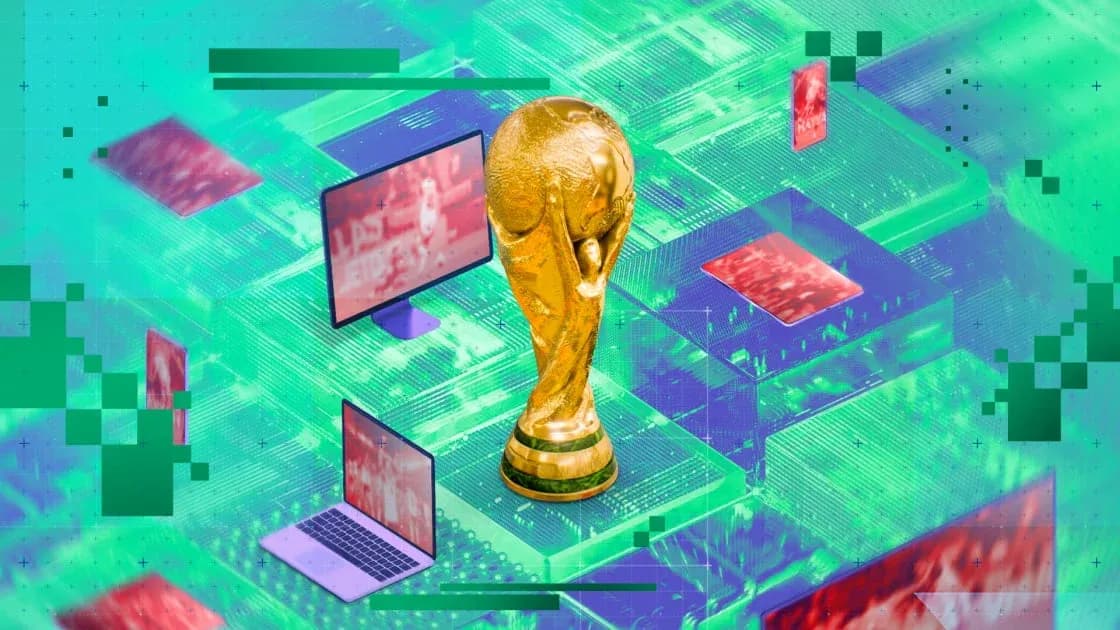 FIFA World Cup trophy surrounded by digital screens