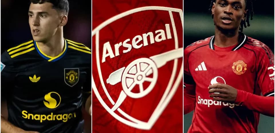 Two football players and Arsenal club logo