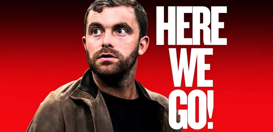 Person looking sideways with text 'HERE WE GO!'