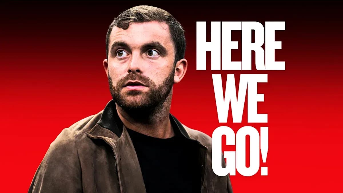 Person looking sideways with text 'HERE WE GO!'