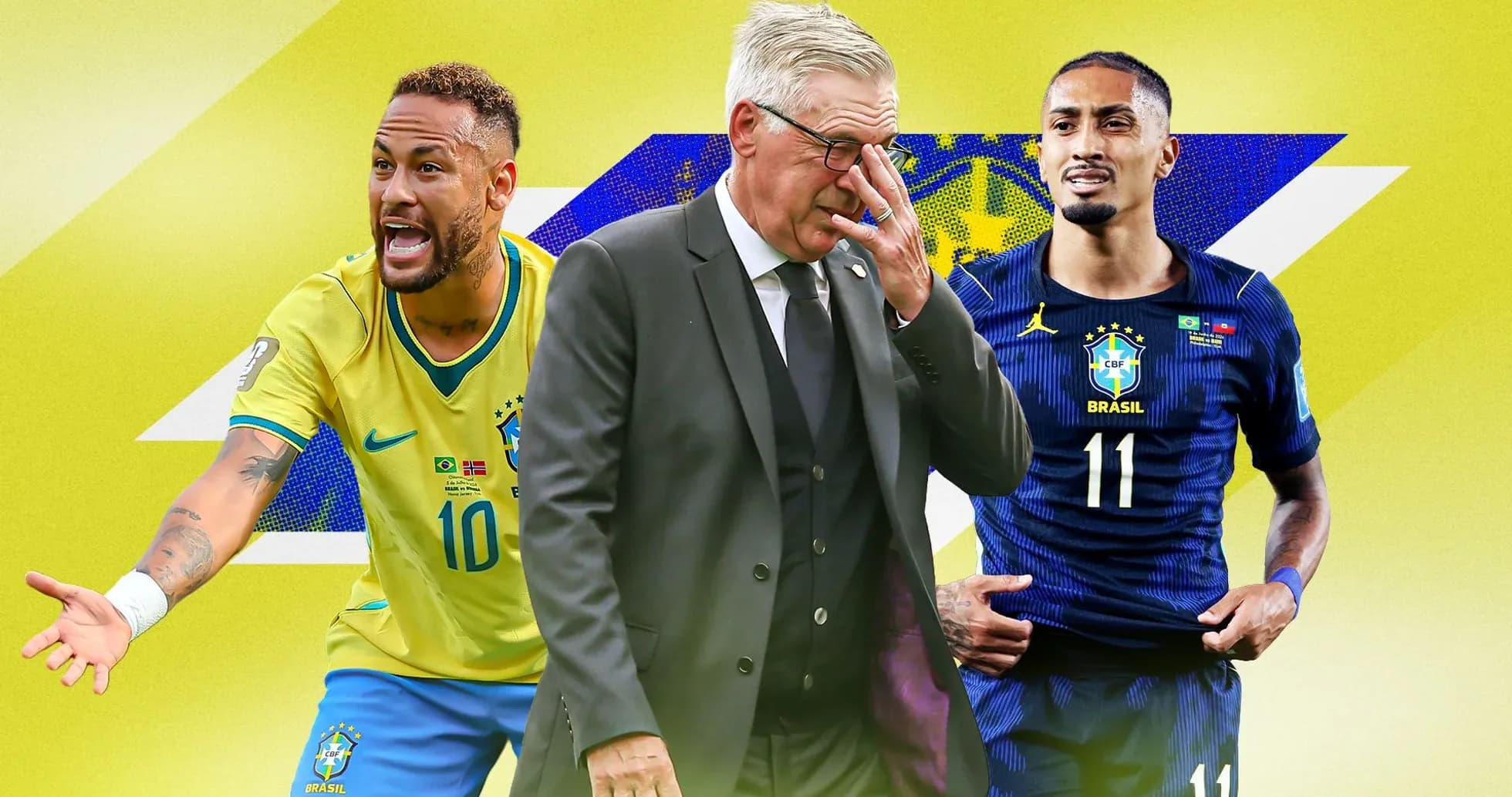 Neymar, coach, and player posing in Brazil jerseys