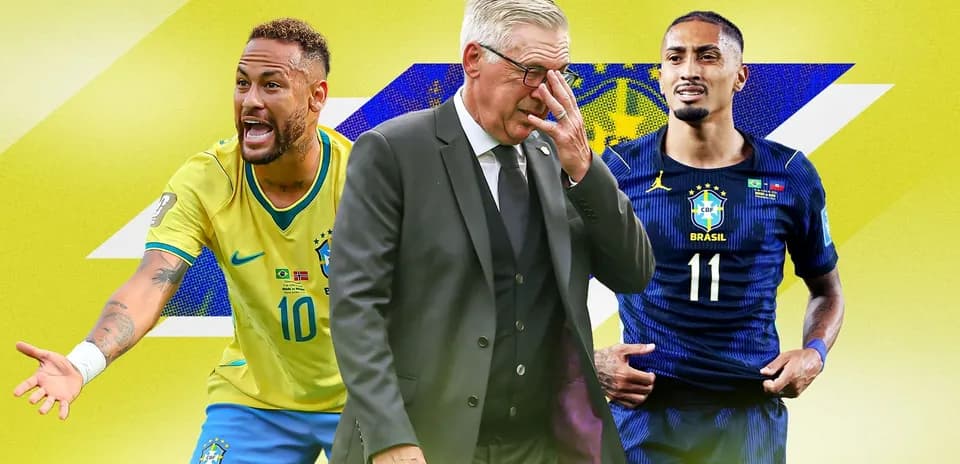 Neymar, coach, and player posing in Brazil jerseys