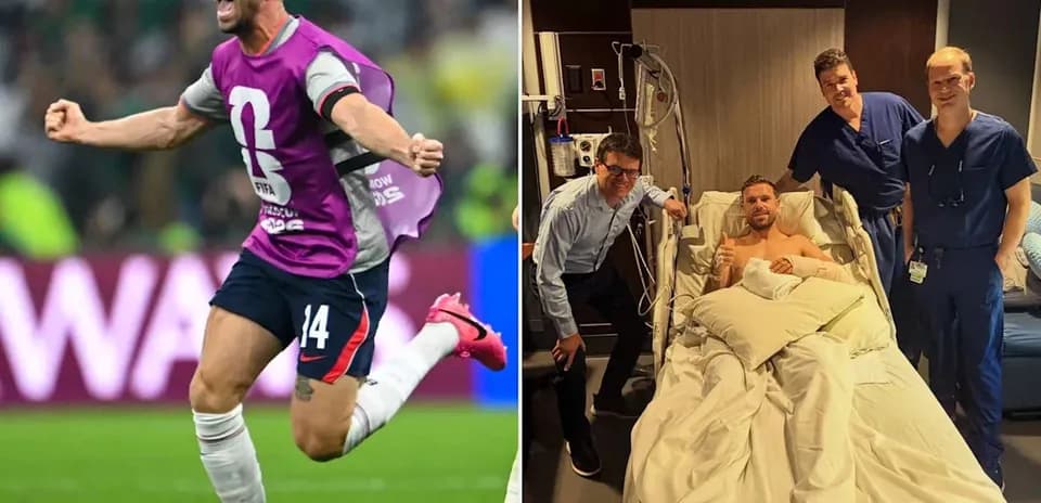 Player celebrating goal and in hospital with doctors