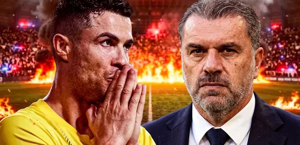 Cristiano Ronaldo and coach facing intense stadium backdrop