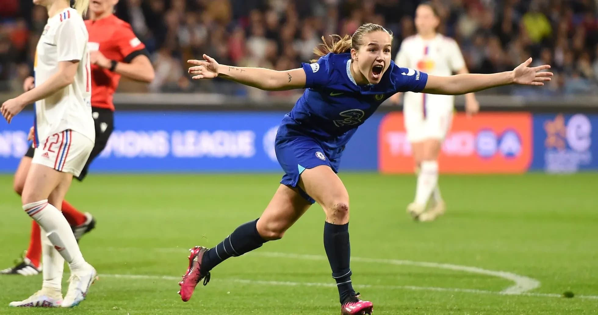 Chelsea W player celebrating a goal during match