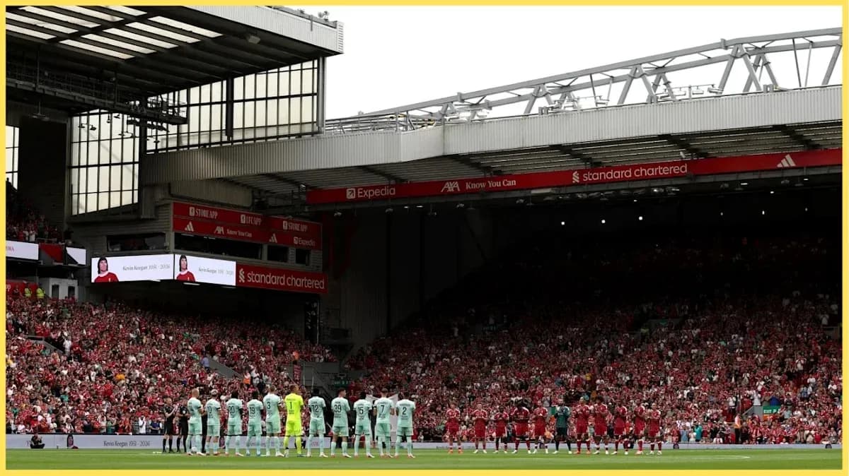 Teams lined up before match at Anfield stadium