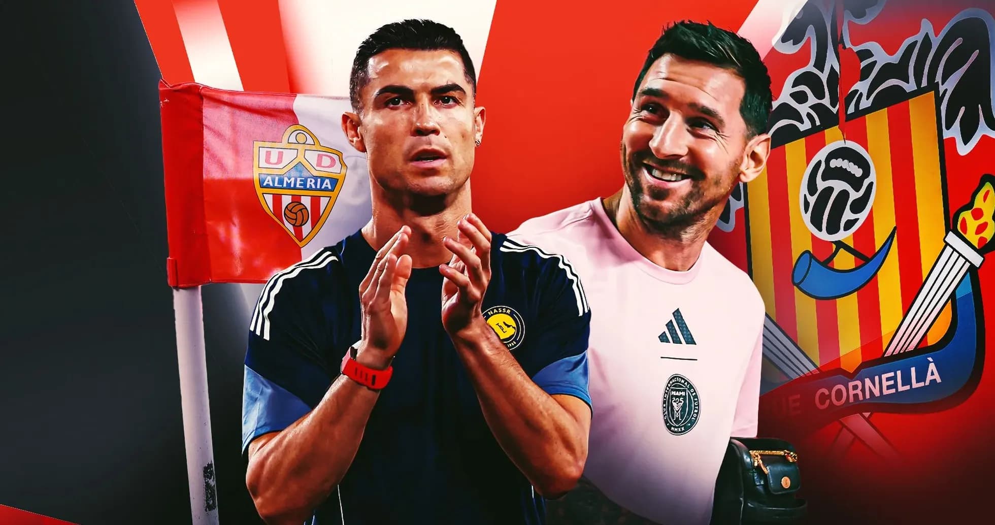Cristiano Ronaldo and goalkeeper beside team logos