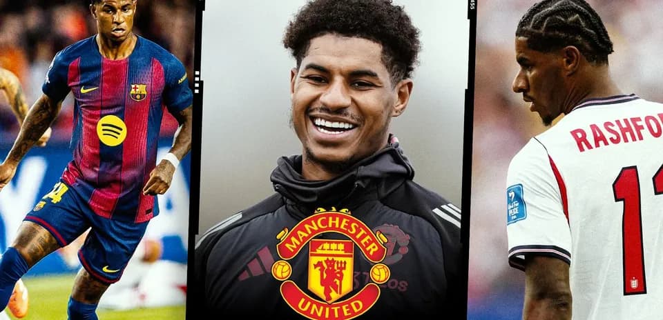 Marcus Rashford in Manchester United gear and two actions