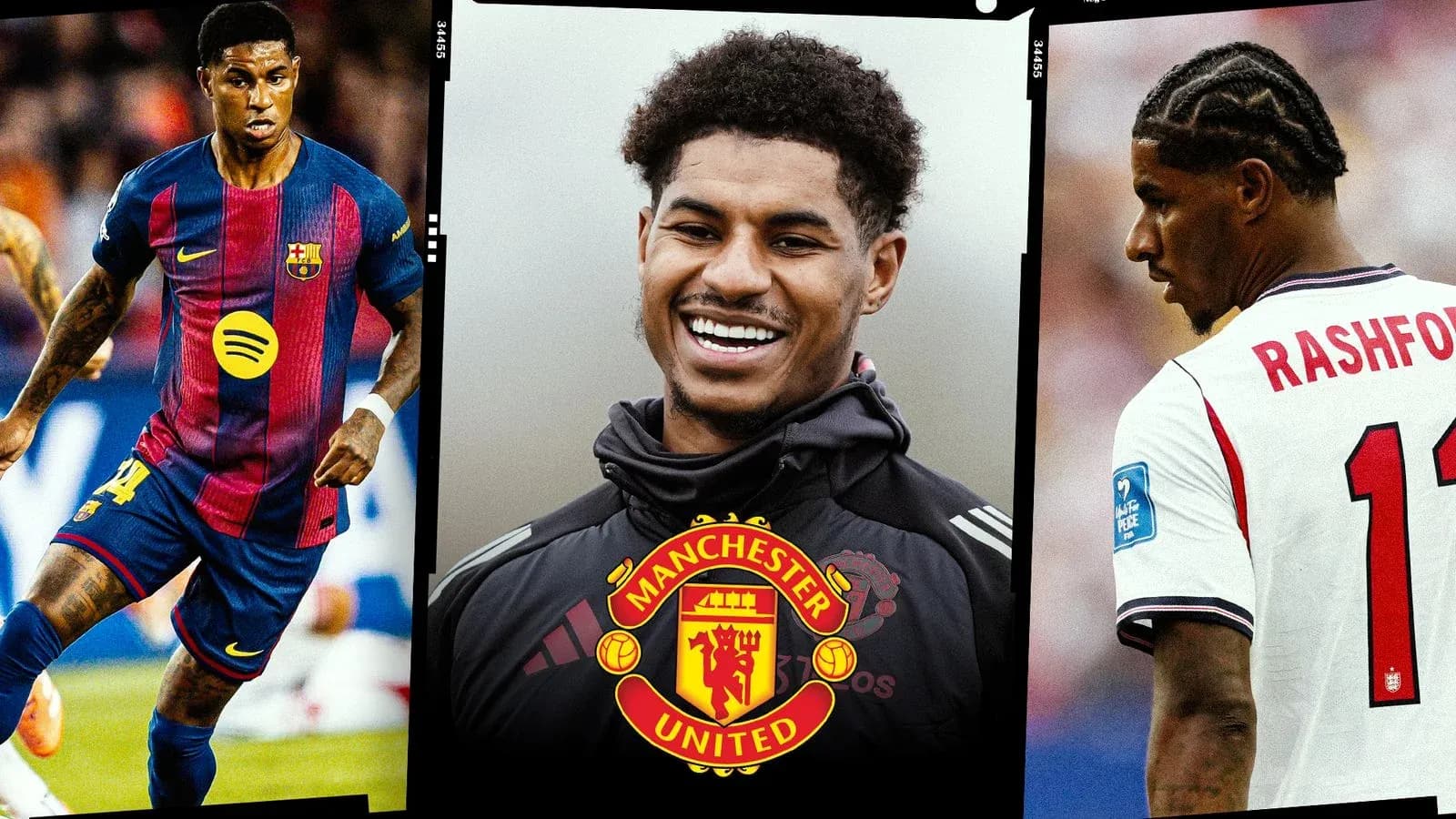 Marcus Rashford in Manchester United gear and two actions