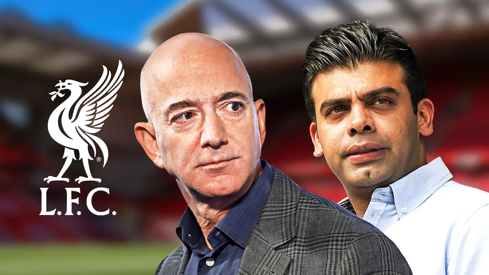 Two men with Liverpool logo in stadium background