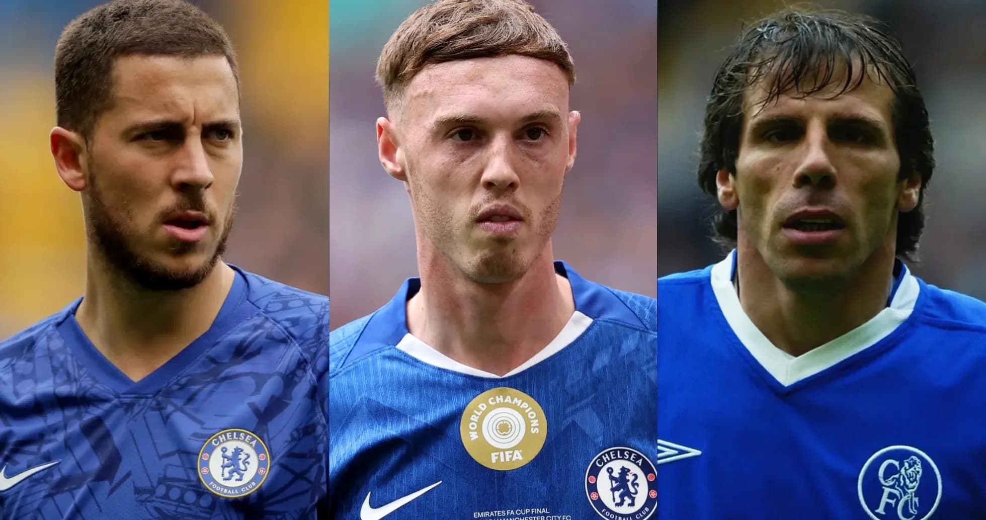 Three Chelsea players in blue jerseys facing forward