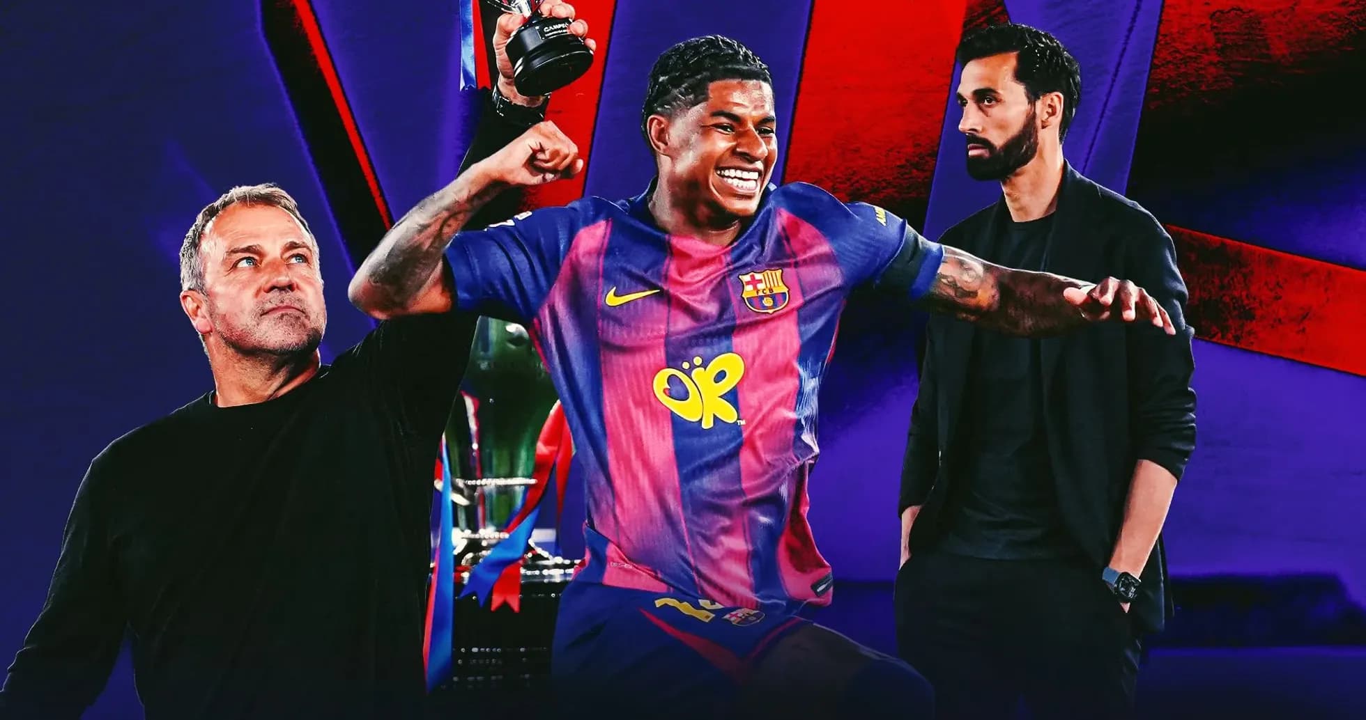 Player celebrating with trophy, coaches observing