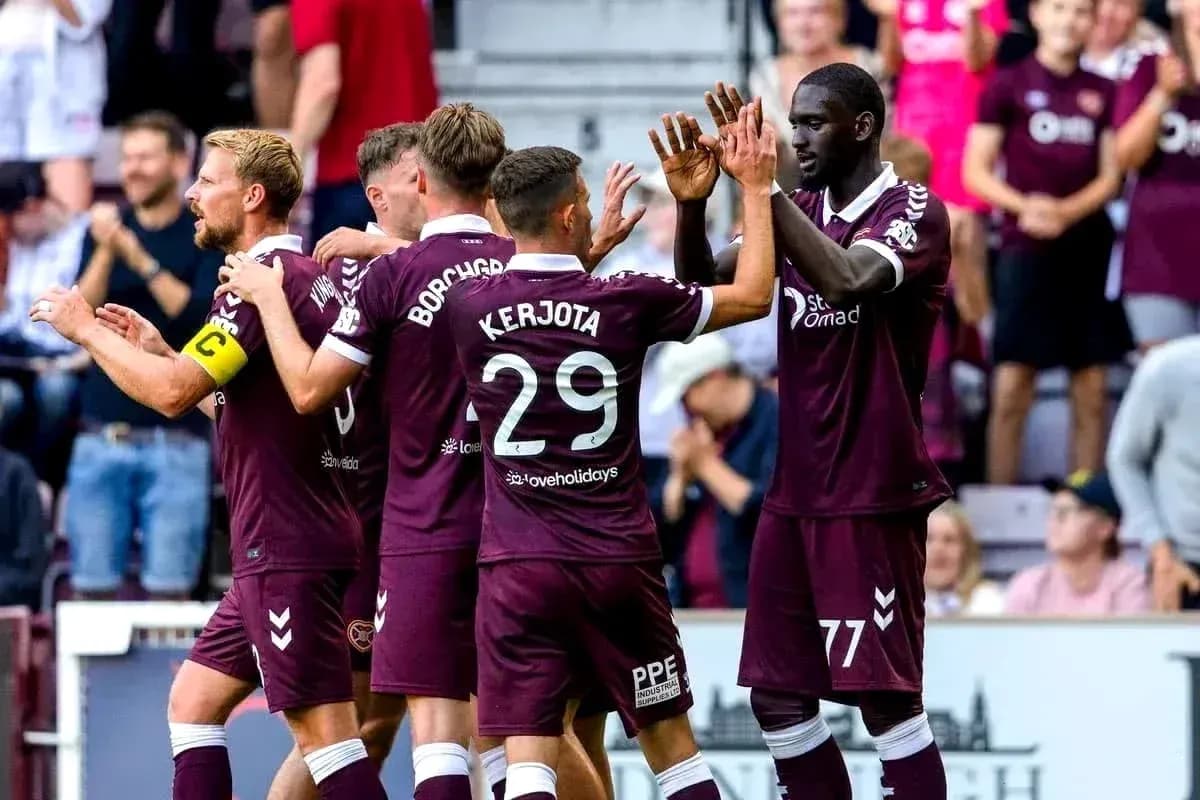 Hearts players celebrating a goal during match