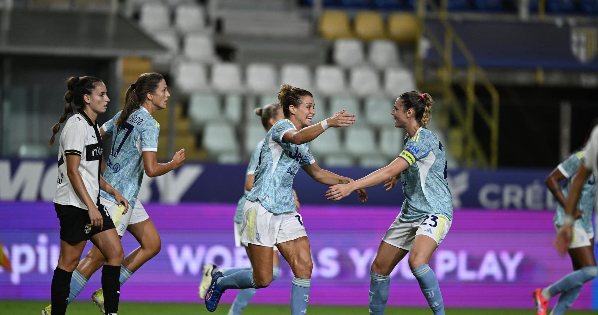 Juventus W celebrating a goal against Parma W