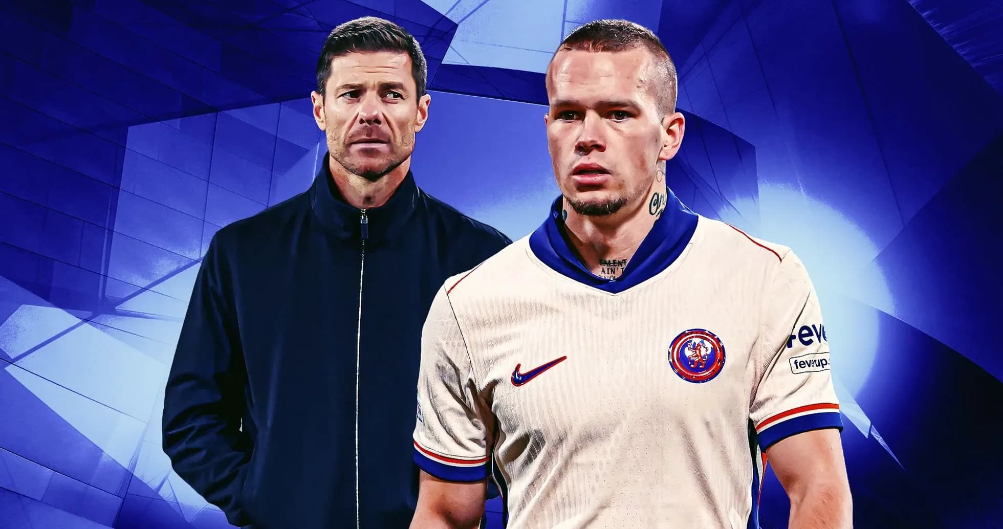 Coach and player in team uniforms on blue background