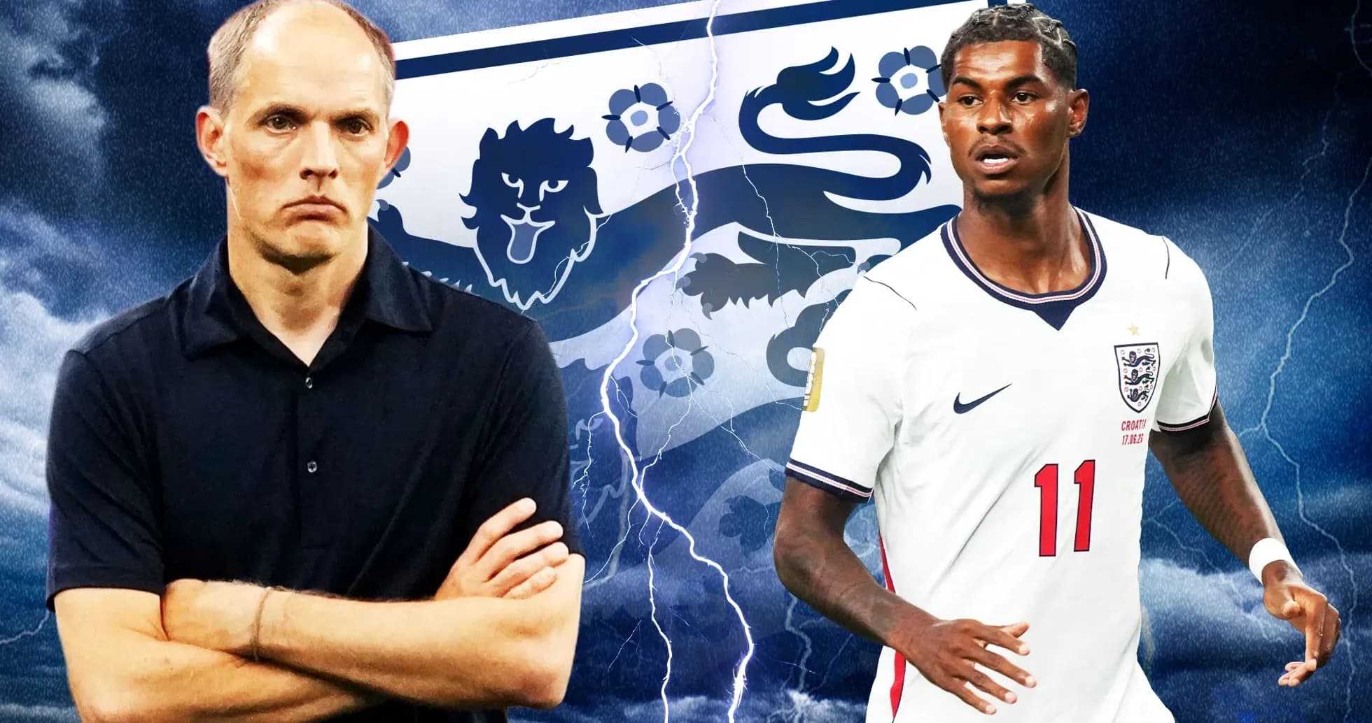 Coach and player in front of England emblem background
