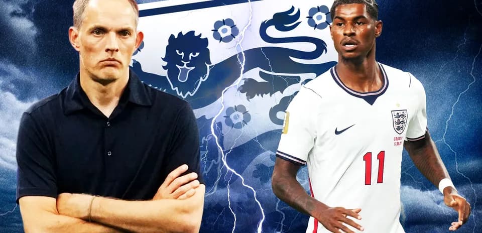 Coach and player in front of England emblem background