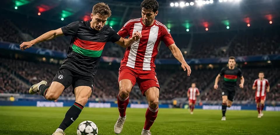 NEC Nijmegen player battling Olympiakos defender