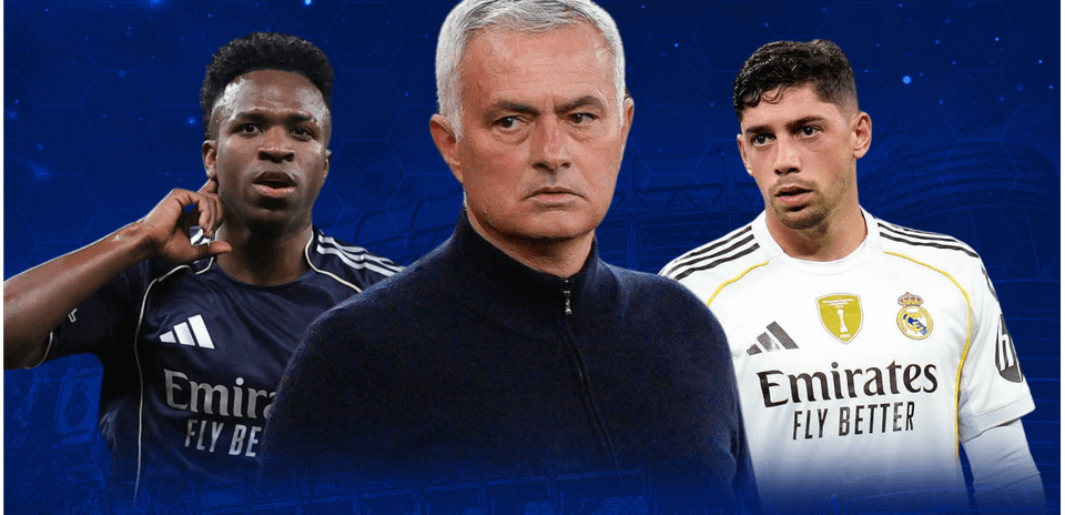 Vinicius Jr., Jose Mourinho, and Fede Valverde in split image
