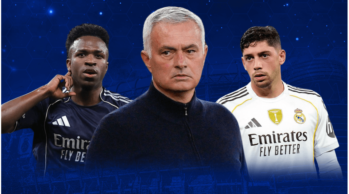 Vinicius Jr., Jose Mourinho, and Fede Valverde in split image