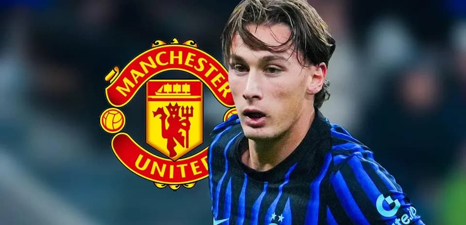 Player in blue jersey with Manchester United logo background