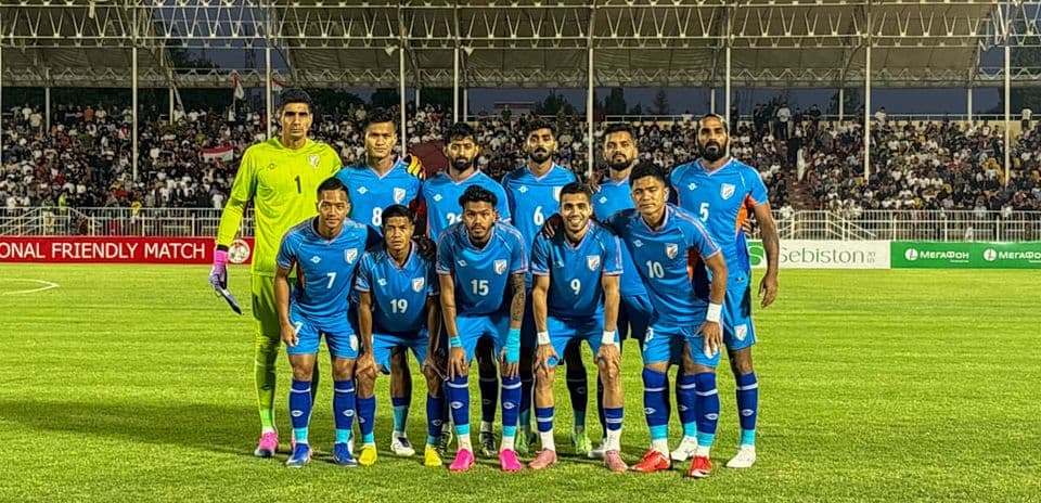 Indian football team posing for team photo before match